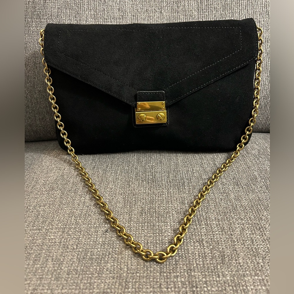 J. Crew black suede bag with bronze hardware